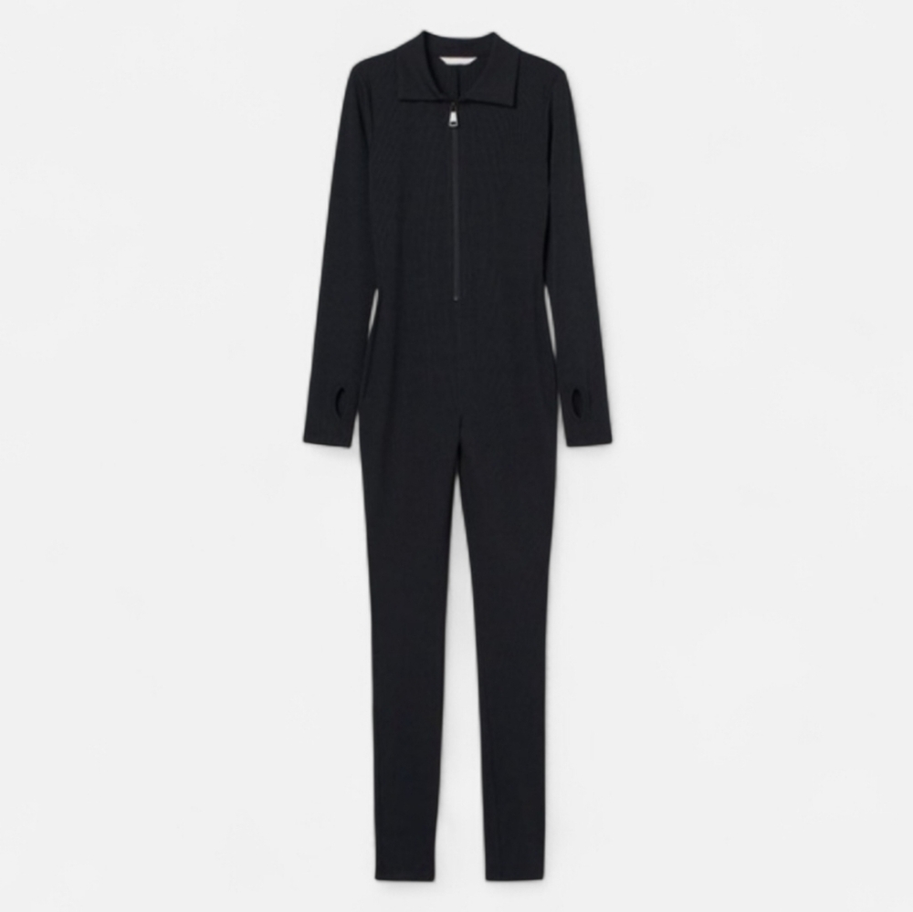 NWT H&M Black Ribbed Jumpsuit Unitard Long Sleeve Skinny Leg Zip Top Catsuit MD